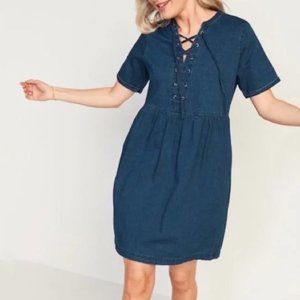 NWOT Old Navy Lace-Up Medium-Wash Chambray Denim Shift Dress WITH POCKETS - XL